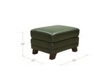 An olive green upholstered ottoman with dark brown wooden legs, shown with dimension lines indicating measurements of 18 inches in height, 22 inches in width, and 29 inches in depth on a white background.
