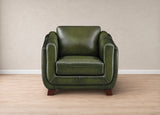 A single-seat armchair upholstered in olive green leather, positioned against a neutral beige wall on a light wood floor.