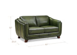 An olive green leather loveseat with dimension lines showing its height of 32 inches, width of 61 inches, and depth of 37.5 inches, on a white background.