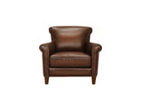 A classic brown leather armchair with rolled arms, nailhead trim, and wooden legs, shown against a plain white background.