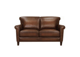 A classic brown leather loveseat sofa with rolled arms, nailhead trim, and dark wooden legs, shown against a plain white background.