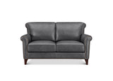 A dark gray leather loveseat with rolled arms, nailhead trim, and dark wooden legs, shown against a plain white background.