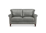 A gray leather loveseat with dark wood legs and nailhead trim, shown from a front-facing perspective on a white background.