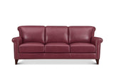 A three-seat leather sofa in a deep burgundy red, featuring classic rolled arms, nailhead trim, and dark wooden legs, shown against a plain white background.