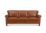 A classic three-seat leather sofa in a warm cognac brown, featuring rolled arms, nailhead trim, and dark wooden legs, shown against a plain white background.