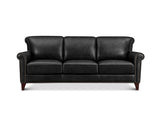 A three-seat gray leather sofa with rolled arms, nailhead trim, and dark wood legs, shown against a plain white background.