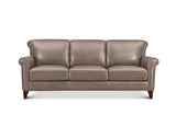A three-seat leather sofa in a taupe brown color, featuring rolled arms, nailhead trim, and dark wooden legs, shown against a plain white background.
