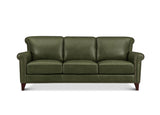 An olive green leather three-seater sofa with rolled arms, nailhead trim, and dark wooden legs, shown against a plain white background.