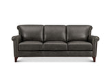 A three-seat gray leather sofa with rolled arms, nailhead trim, and dark wood legs, shown against a plain white background.