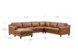 Brown leather sectional sofa with a chaise lounge, shown with overlaid dimension lines and measurements on a white background.