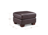Brown leather ottoman with dimensions on a white background