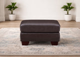 Brown leather ottoman in a room with a rug and plants