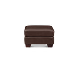 A dark brown upholstered ottoman with a square top and short block legs, shown against a plain white background.