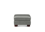 A square gray upholstered ottoman with dark brown wooden legs, shown from the front on a plain white background.