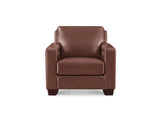 A brown leather armchair with a square back, wide armrests, and dark wooden legs, shown against a plain white background.