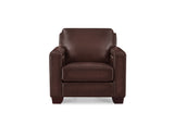 A dark brown leather armchair with a square back and wide armrests, shown from a front-facing perspective on a solid white background.