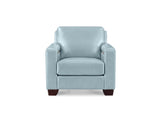 A light blue upholstered armchair with dark brown wooden legs, shown from the front against a plain white background.