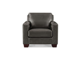A dark gray upholstered armchair with square arms and dark wooden feet, shown from the front on a plain white background.