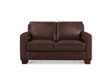 A dark brown leather loveseat sofa with square arms and a low profile, shown from a front-facing perspective on a solid white background.