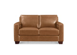 A two-seater loveseat sofa upholstered in smooth tan leather, shown from the front against a plain white background.