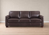 A three-seat leather sofa in dark brown, positioned against a neutral beige wall and light wood flooring.