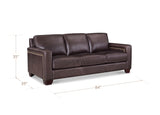 A dark brown leather three-seater sofa shown on a white background with dimension lines indicating 35 inches height, 39 inches width, 84 inches depth, and 60 inches seat width.