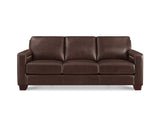 A three-seat brown leather sofa with square arms and dark wooden feet, shown from a front-facing perspective on a white background.