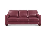 A three-seat brown leather sofa with a clean, modern design, shown from a straight-on perspective against a plain white background.