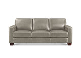 A three-seat sofa upholstered in taupe leather with dark brown wooden legs, shown from a front-facing perspective on a white background.
