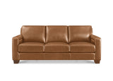 A three-seat leather sofa in a warm tan-brown color, shown from a front-facing perspective against a plain white background.