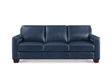 A three-seat sofa upholstered in dark navy blue leather, featuring square arms and dark brown wooden legs, shown against a plain white background.