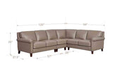 Brown sectional sofa with dimensions on a white background