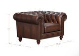 Brown leather sofa with dimensions on a white background