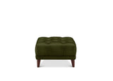 An olive green tufted ottoman with dark brown wooden legs, shown from the front against a plain white background.