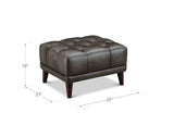 Brown leather ottoman with dimensions on a white background