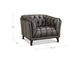 Gray tufted armchair with dimensions on a white background