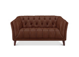 A brown tufted leather loveseat sofa with rolled arms and dark wooden legs, shown against a plain white background.