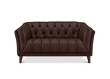 A dark brown tufted loveseat sofa with rolled arms and tapered wooden legs, shown against a plain white background.