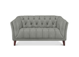 A gray tufted loveseat sofa with dark brown wooden legs, shown from a front-facing perspective on a solid white background.
