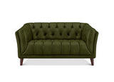 An olive green tufted loveseat sofa with dark wood legs, shown from a front-facing perspective on a white background.