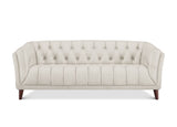 An off-white tufted loveseat sofa with dark brown wooden legs, shown from a front-facing perspective on a solid white background.