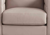 Close-up of a beige upholstered chair with a cushioned seat.
