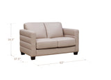 A light beige upholstered loveseat with dimension lines and labels showing its height of 34.5 inches, width of 63 inches, and depth of 37.