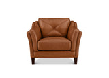 A brown leather armchair with a diamond-quilted backrest and dark wooden legs, shown against a plain white background.
