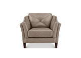 A modern armchair upholstered in taupe leather with a diamond-quilted backrest and dark brown wooden legs, shown against a plain white background.