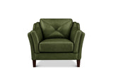 An olive green upholstered armchair with a diamond-quilted backrest and dark brown wooden legs, shown against a plain white background.