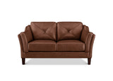 A brown leather loveseat sofa with diamond tufting on the back cushions, rolled arms, and dark wooden legs, shown against a plain white background.