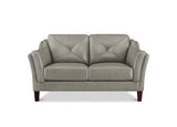 A two-seater loveseat sofa upholstered in light gray leather with diamond-quilted back cushions, rolled arms, and dark brown wooden legs, shown against a plain white background.