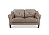 A two-seater loveseat sofa upholstered in taupe leather with diamond-quilted back cushions, rolled arms, and dark brown wooden legs, shown against a plain white background.