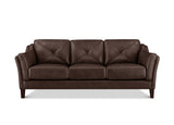 A three-seat sofa upholstered in dark brown leather with diamond-quilted back cushions and tufted armrests, shown from a front-facing angle on a white background.